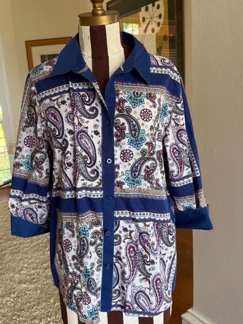 Chico's Womens Button Front No-Iron Shirt Multicolor Paisley Size 2 US 12